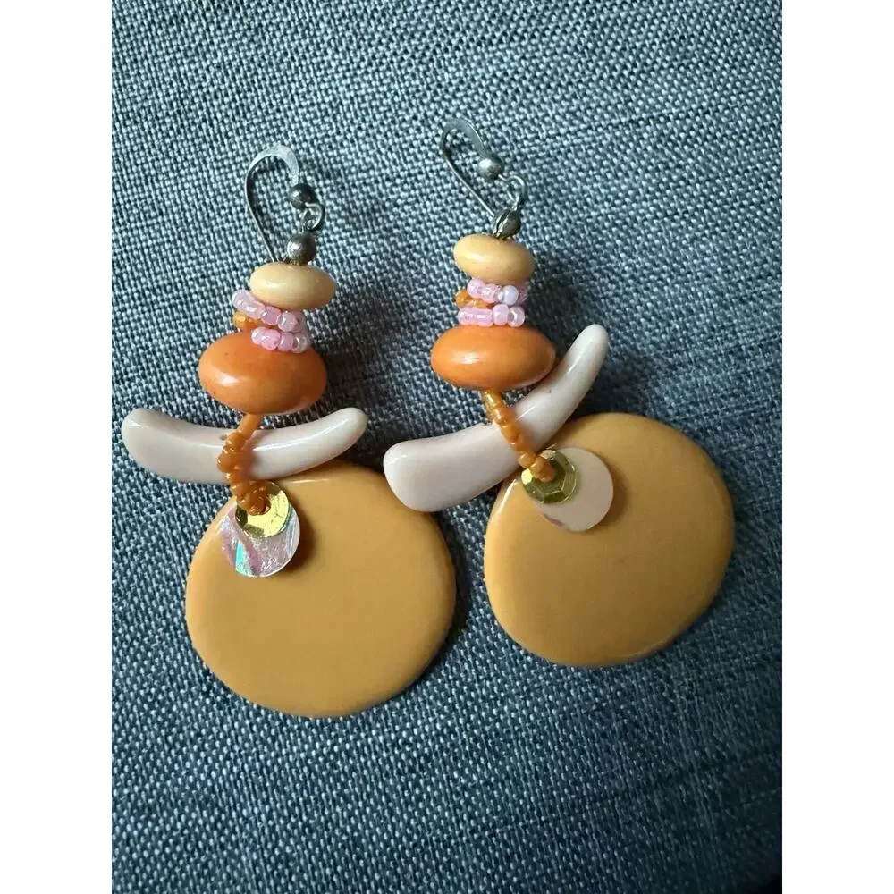 Vintage Lucite Acrylic Dangle Drop Earrings Orange Peach Tropical Boho Coastal